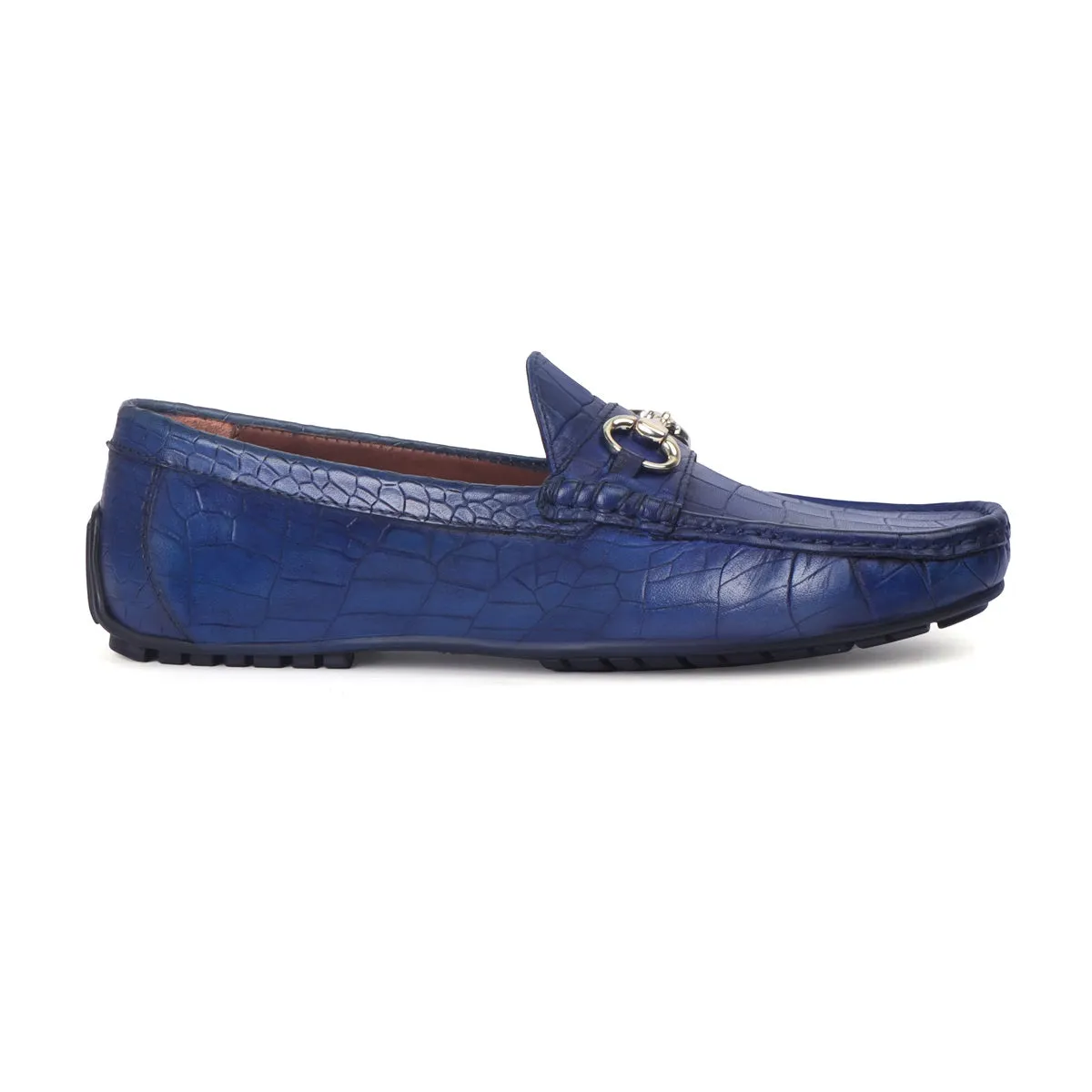 Blue Croco Textured Leather Loafer With Horse-bit Buckle