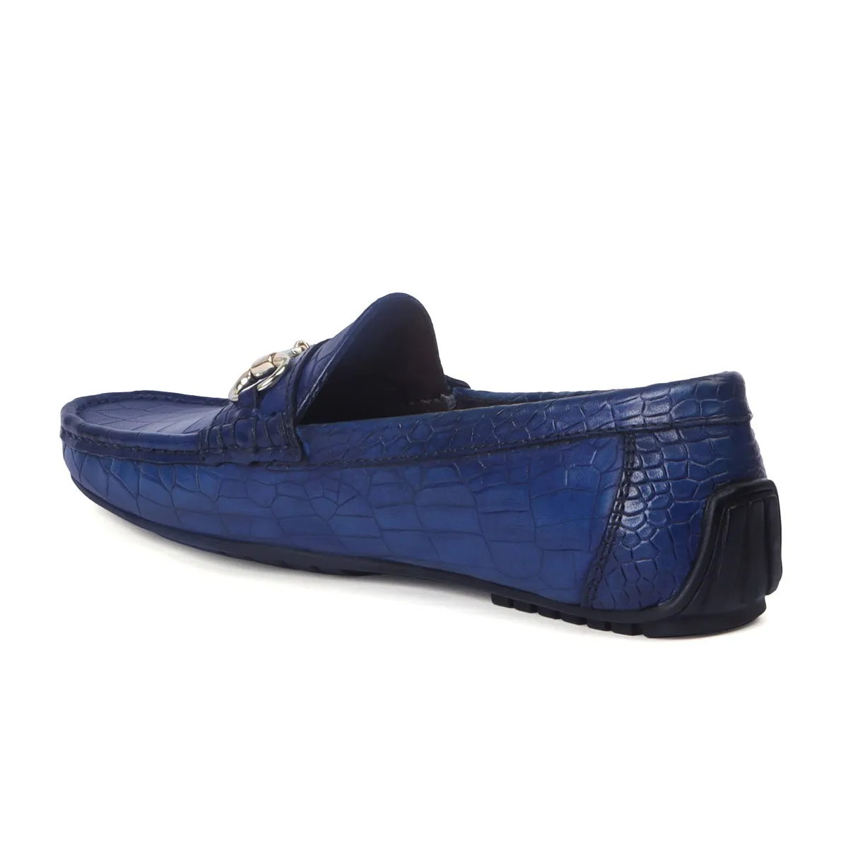 Blue Croco Textured Leather Loafer With Horse-bit Buckle