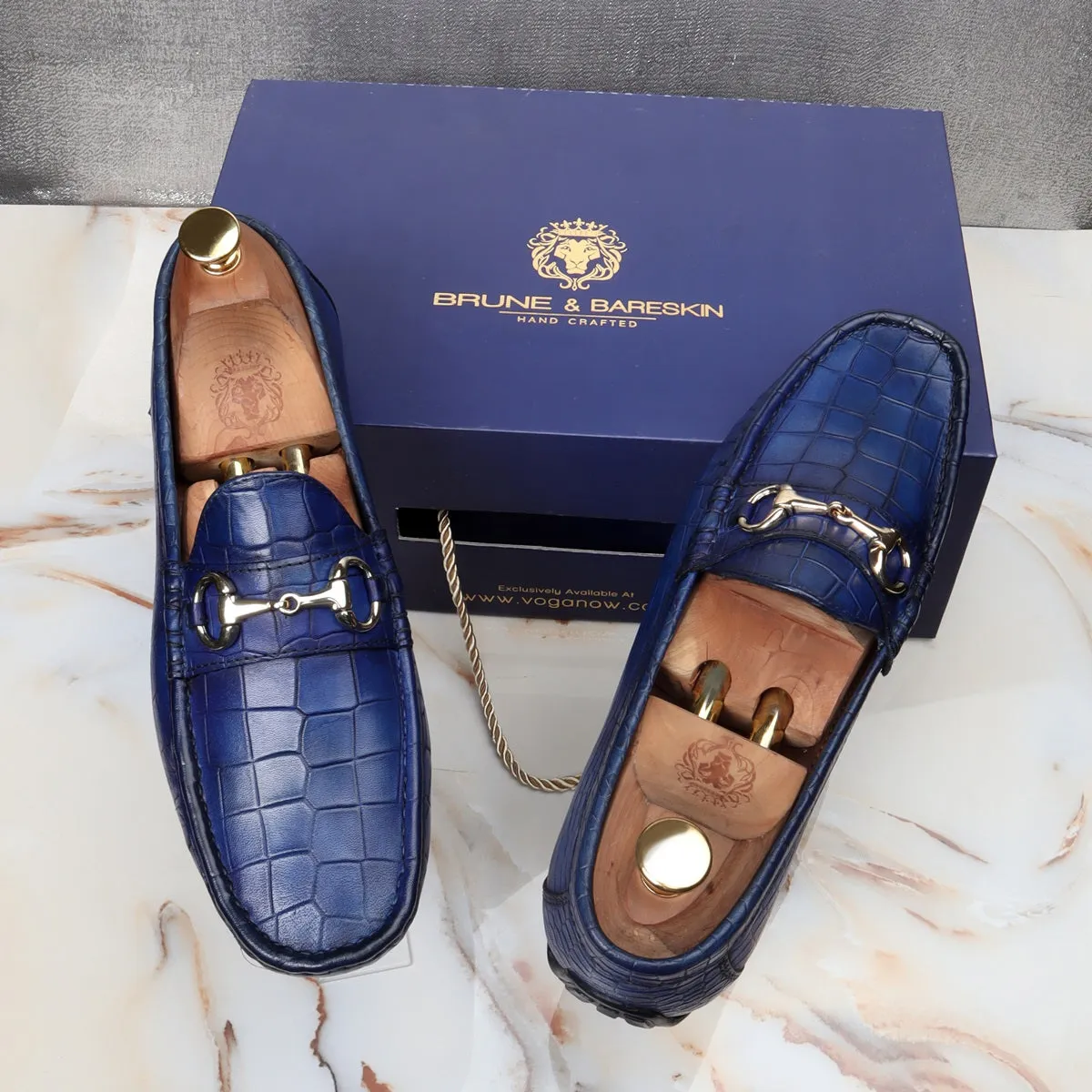 Blue Croco Textured Leather Loafer With Horse-bit Buckle