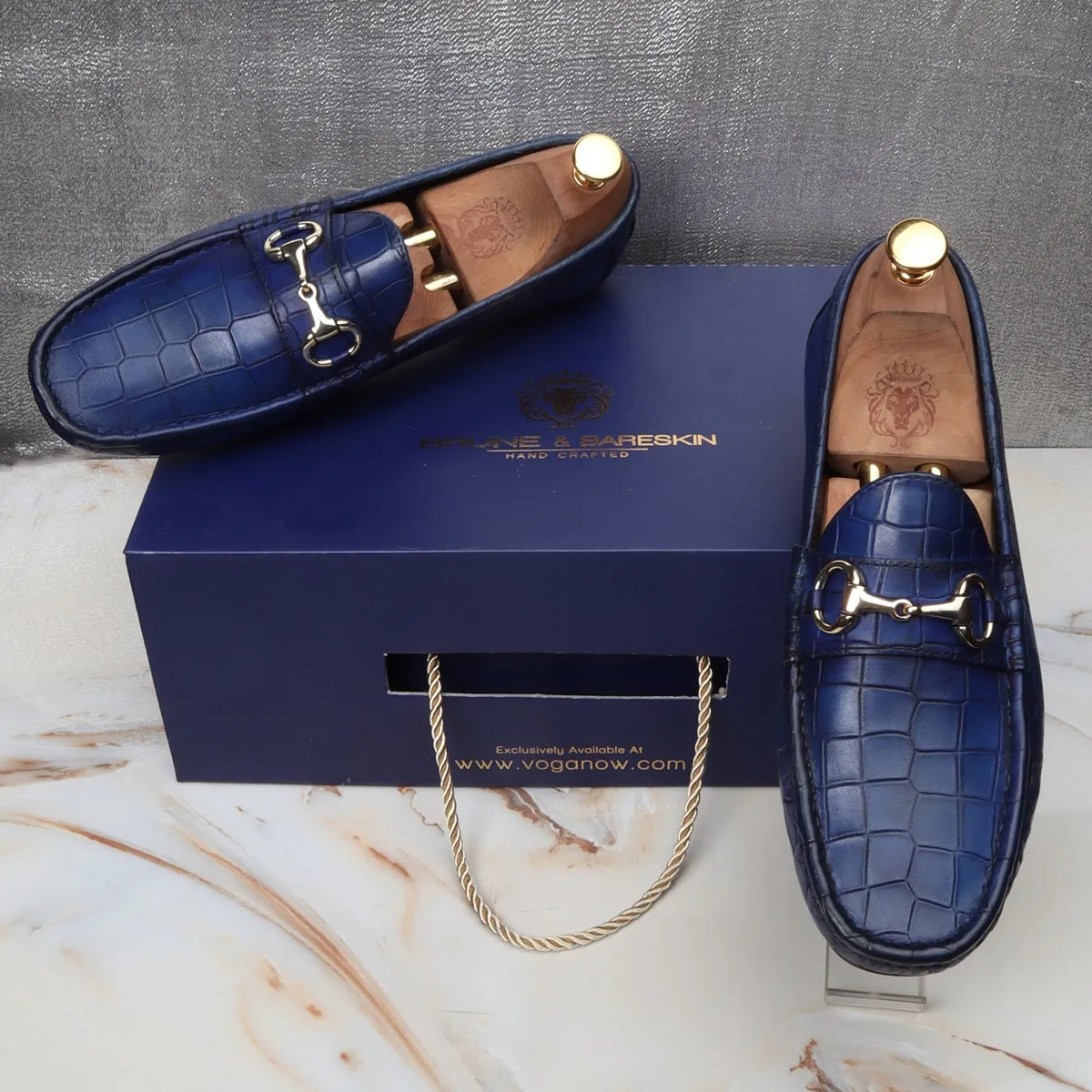 Blue Croco Textured Leather Loafer With Horse-bit Buckle