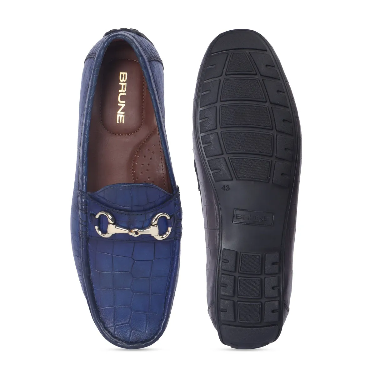 Blue Croco Textured Leather Loafer With Horse-bit Buckle
