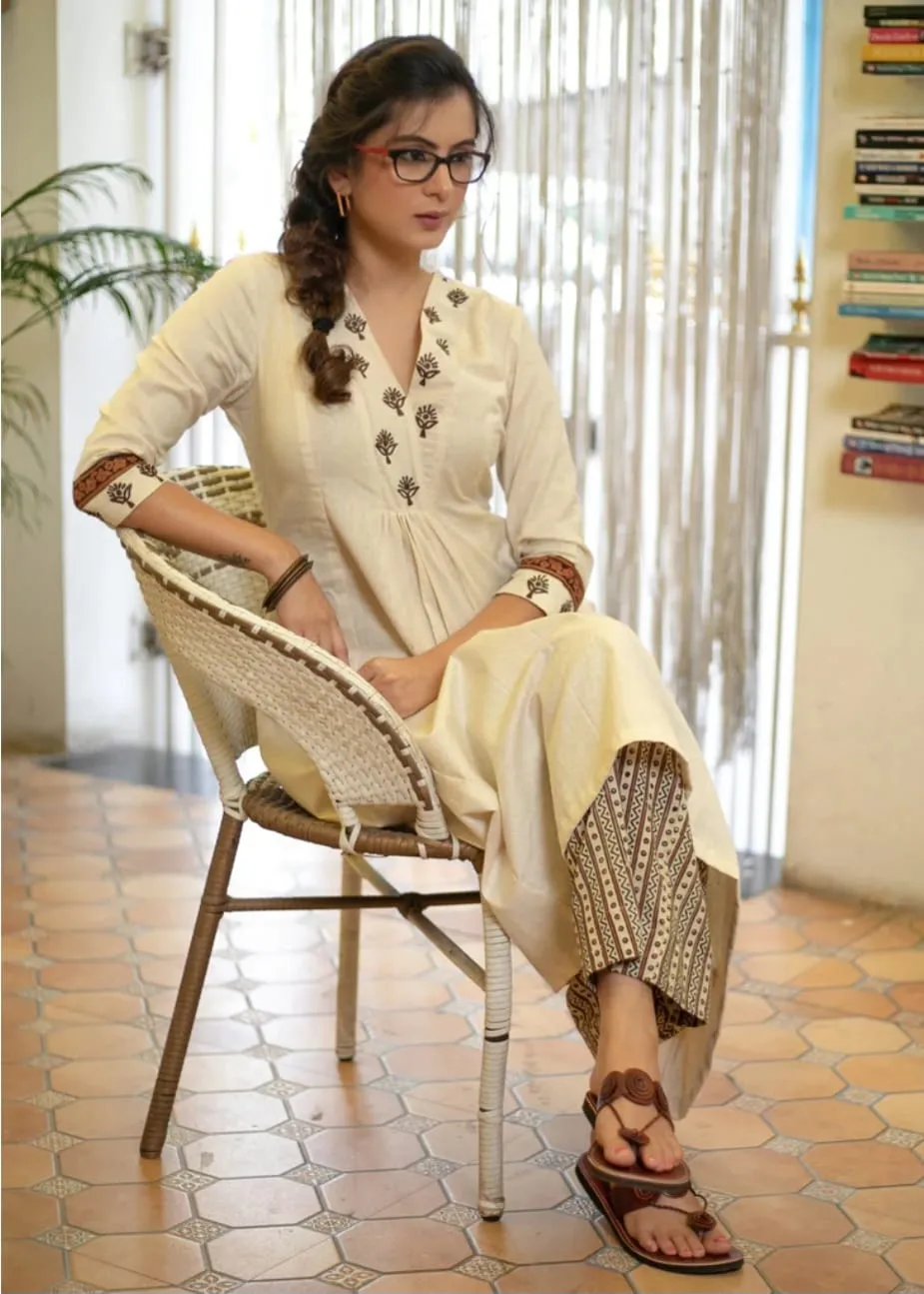 Cotton Flex Off-White Kurta with Embroidered Yoke & Sleeves, Paired with Printed Pant