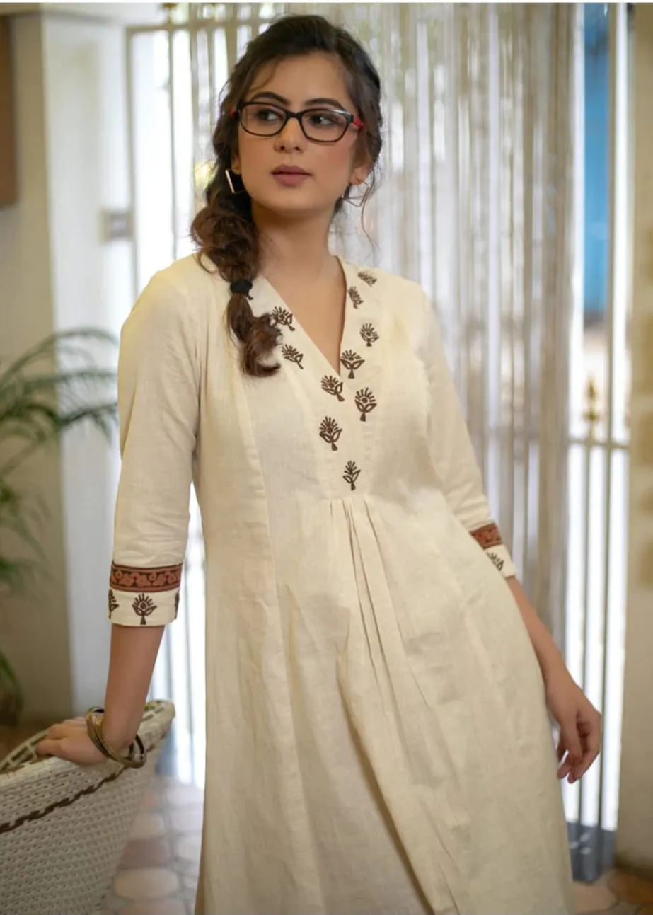 Cotton Flex Off-White Kurta with Embroidered Yoke & Sleeves, Paired with Printed Pant