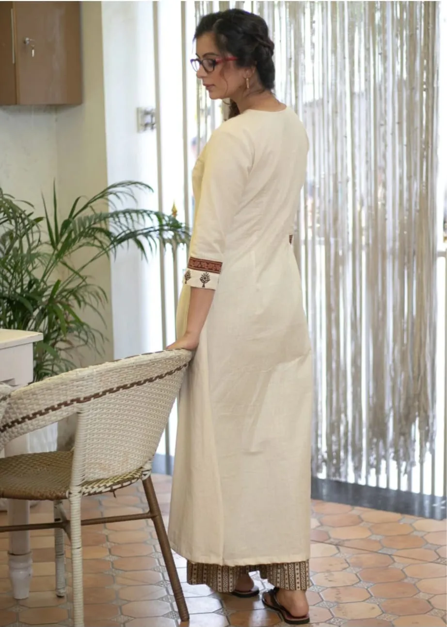 Cotton Flex Off-White Kurta with Embroidered Yoke & Sleeves, Paired with Printed Pant