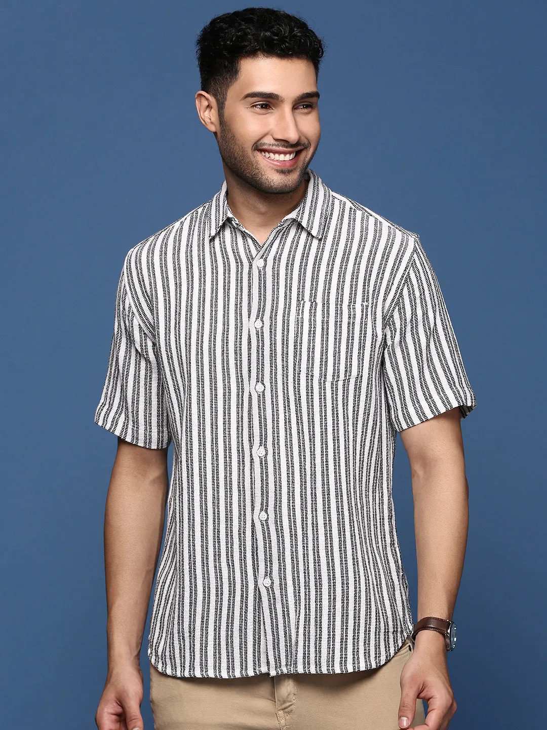 Men Striped White Slim Fit Shirt