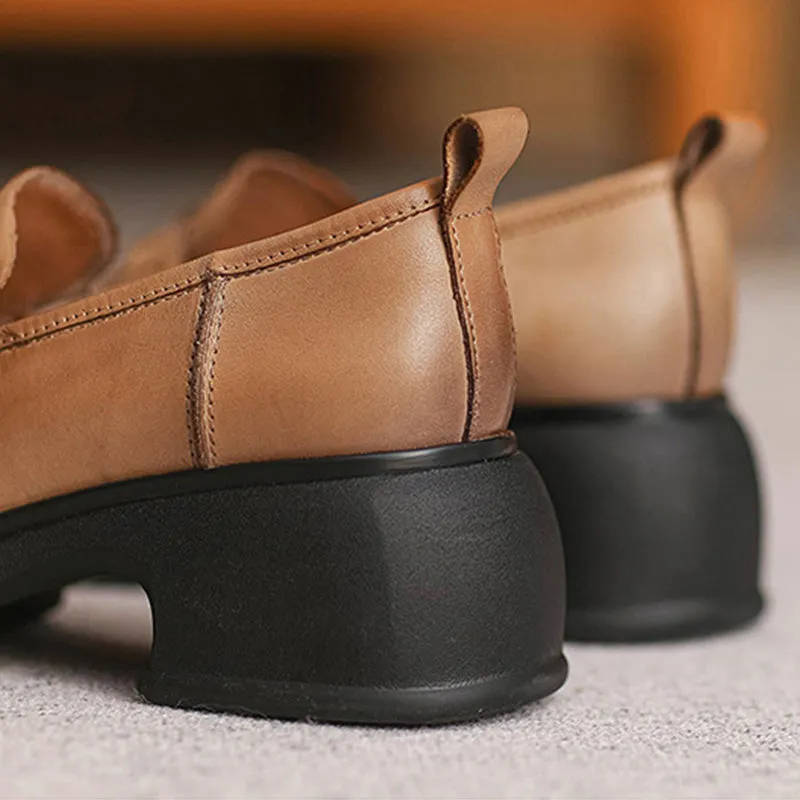 Women Retro Leather Square Head Thick Soled Loafers